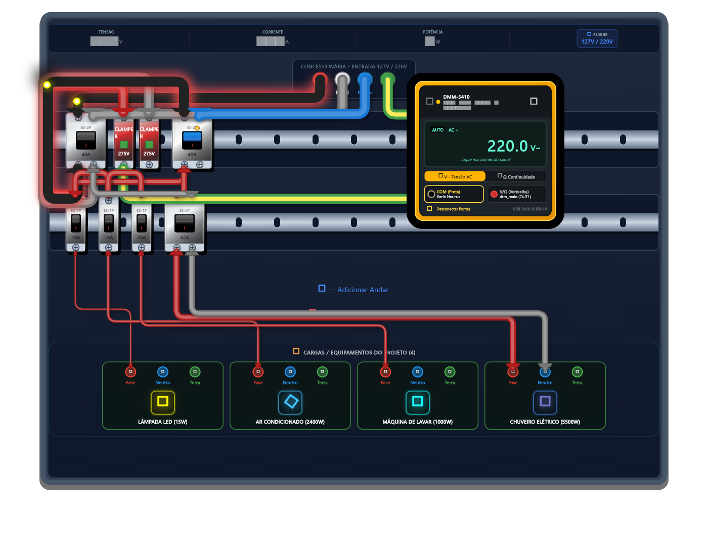 Multímetro Digital DMM-5410 medindo 220V AC no quadro elétrico